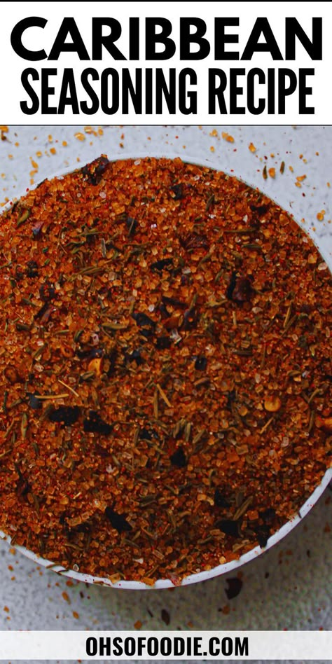 The text reads, Caribbean Seasoning Recipe Flavored Salts Recipes, Homemade Dry Mixes, Carribean Food, Dry Rub Recipes, Homemade Spice Mix, Spice Blends Recipes, Dry Rubs, Spice Mix Recipes, Seasoning And Spice