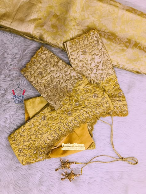 Maggam Work On Gold Color Blouse, Gold Blouse Aari Work Designs, Gold Maggam Work Blouse Designs, Blouses Neck Designs, Wedding Blouse Design, Haldi Saree, Maggam Blouse Designs, Gold Blouse Designs, Magam Work Designs