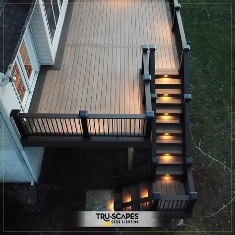 Outdoor Deck With Stairs, Deck With Side Stairs, Deck Ideas 2 Levels, Large Deck Design, Lifted Deck Ideas, Deck With Black Posts, Back Deck Ideas Two Story, High Deck Design, Grey House With Brown Deck