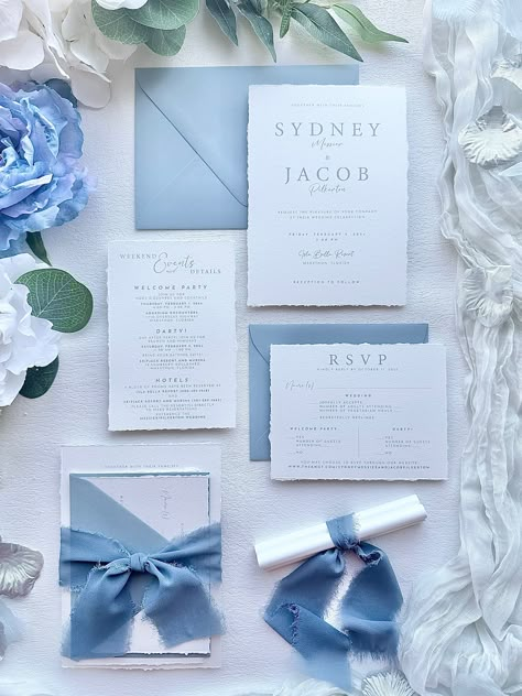 Romantic Dusty Blue Wedding, Shades Of Blue Wedding Invitations, Simple Blue Wedding Invitations, Simple Wedding Invites Diy, Blue Wedding Invitation Suite, Wedding Invitation Assembly, Dusty Blue Wedding Invites, Wedding Invitation Suite Assembly, Wedding Invites Blue