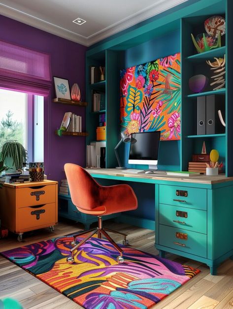 Boho Home Office Ideas, Maximalist Office, Bohemian Home Office, Office Sewing Room, Boho Home Office, Got The Job, I Got The Job, Boho Office, Art Studio Room