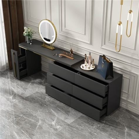 Dresser And Makeup Vanity Combo, Mirror Drawers Bedrooms, Large Study Table, Contemporary Dressing Table Design, Dressing Table Ideas With Storage, Make Up Desk Design, Bedroom Working Table, Vanity Ideas Bedroom Black, Monochrome Bedroom Minimalist