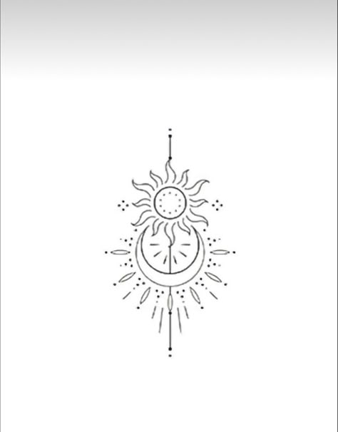 Small Tattoo Ideas Sun And Moon, Sun And Moon Line Work Tattoo, Mom And Daughter Tiny Tattoos, Sun And Moon Design Tattoo, Chest Tattoo Sun And Moon, Sun On Hand Tattoo, Simple Sun And Moon Drawing, Sun And Moon Tats, Minimalist Sun And Moon Tattoo Ideas