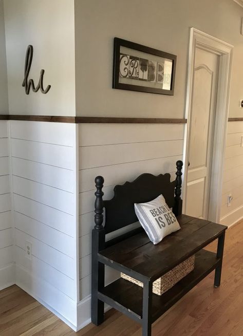 Shiplap Wainscoting Hallway, Shiplap Hallway Half, Wainscoting With Shiplap Above, Horizontal And Vertical Shiplap On Same Wall, Shiplap Wanescoting Ideas, Shiplap Panel Half Wall, Half Shiplap Wall Entryway, Shiplap Wall Ideas Kitchen, Shiplap On Half Wall