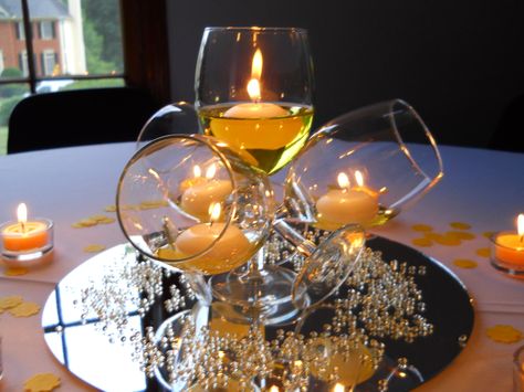 Yellow Centerpiece -http://thepartypopper.wordpress.com/2011/06/28/50-and-fabulous-surprise-party-decor/# Surprise Party Decor, Yellow Centerpieces, Tafel Decor, Party Poppers, 50 And Fabulous, Glass Centerpieces, Surprise Party, Vintage Wine, 50th Birthday Party