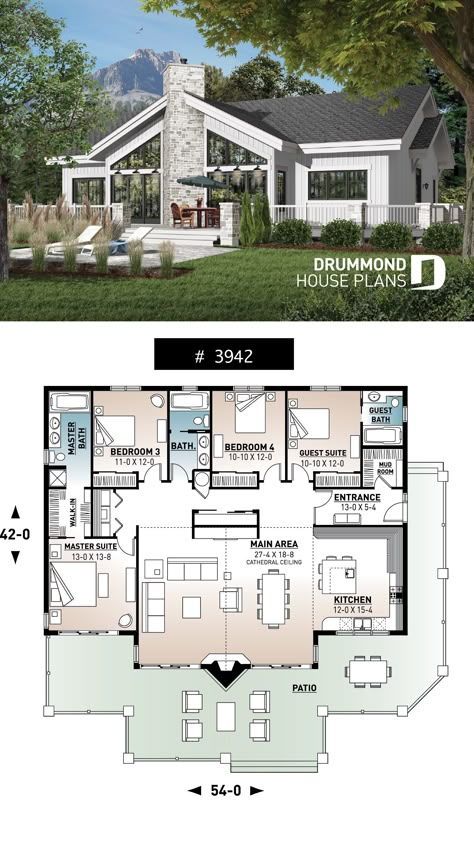 Lakefront house plan, cathedral ceiling, 4 bedrooms, 3 bathrooms, 2 master suites, large terrace Lakefront House Plans, Dröm Hus Planer, Journal Key, 4 Bedroom House Designs, Koti Diy, House Plans One Story, Best Tiny House, 4 Bedroom House Plans, Cabin House Plans