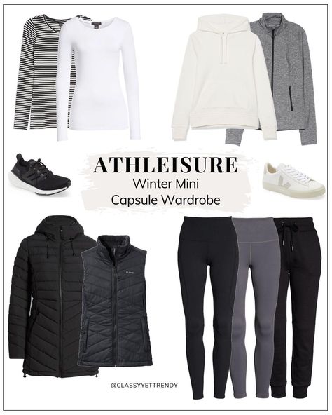 10 Piece Wardrobe, Mini Capsule Wardrobe, Athleta Outfits, Athleisure Outfits Winter, Capsule Wardrobe Accessories, Athleisure Capsule Wardrobe, Athleisure Winter, Fall Winter Capsule Wardrobe, Comfy Travel Outfit