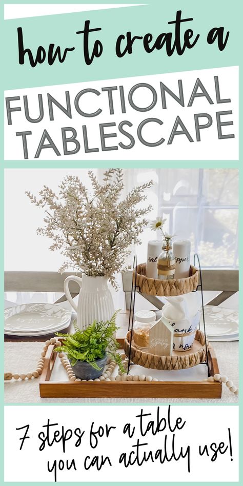 If you love a tablescape but struggle how to make it work with your everyday life, here are 7 easy steps to creating place settings and centerpieces that work WITH your lifestyle and not against it! Adaptable for every season! Practical Table Centerpiece, Practical Centerpieces For Kitchen Table, Every Day Tablescape, Functional Center Piece For Dining Table, Everyday Table Decor Dining Rooms, Easy Dining Table Centerpiece, Dining Table Centerpiece Ideas Everyday, Casual Kitchen Table Centerpiece, How To Dress A Dining Table