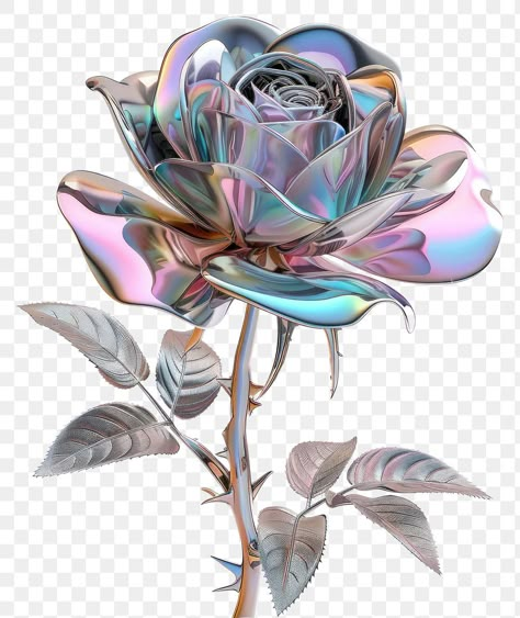 Metal Aesthetic Element, Holographic Design Graphics, Chrome Graphic Design, Holographic Flowers, Rose Flower Illustration, Chandelier Flowers, Cutout Collage, Flowers Elements, Canva Stickers