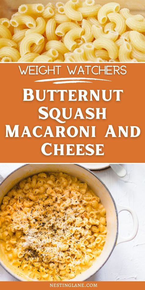 Graphic for Pinterest of Weight Watchers Butternut Squash Macaroni And Cheese Recipe. Weight Watchers Butternut Squash Soup, Fall Weight Watchers Recipes, Ww Fall Recipes, Weight Watchers Fall Recipes, Dump And Go Casseroles, Squash Macaroni And Cheese, Ww 2024, Ww Dinner Recipes, Skillet Chili