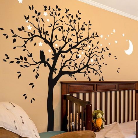 Contemporary Nursery, Wall Art Mural, Owl Moon, Nursery Mural, Tree Decals, Tree Nursery, Large Tree, Star Nursery, Tree Wall Decal