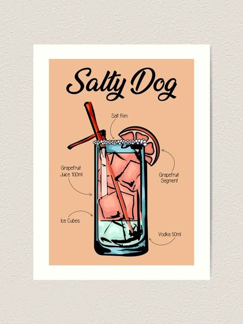 The Salty Dog was created as a variation of the Greyhound cocktail. George Jessel added a salt rim to the popular combination of gin and grapefruit juice sometime in the 1950s, as a way to increase the palatability of the drink for those who were less than fond of the bitter grapefruit taste. The Salty Dog became more popular than the Greyhound, but it does mean that the histories of both drinks are intertwined, since the creator of the Greyhound had a hand in the fortunes of the Salty Dog. Greyhound Drink, Salty Dog Cocktail Recipe, Cocktails Drawing, Greyhound Cocktail, Salty Dog, Cocktail Art, Grapefruit Juice, Greyhound, Food Design