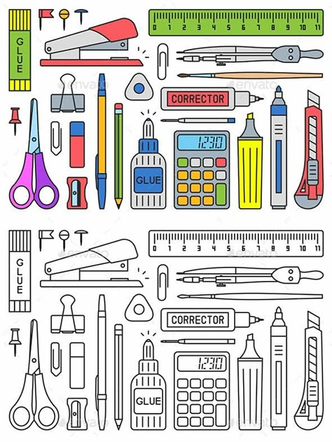 School Supplies Vector - Man-made Objects Objects Animal Paper Craft, Paper Craft Ideas For Kids, Art School Supplies, School Suplies, Bullet Journal Banner, Paper Toys Template, Paper Craft Ideas, Craft Ideas For Kids, Chalk Drawings