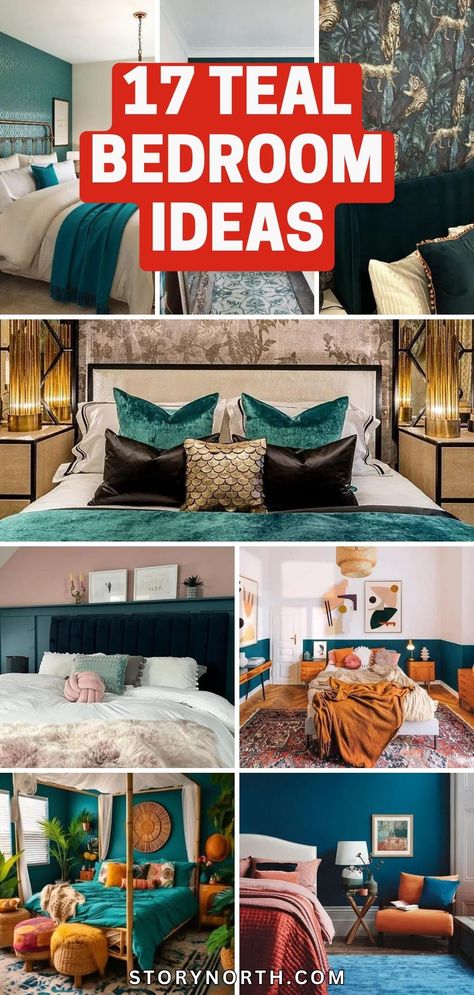 Save this pin for a burst of inspiration with #tealbedroomideas. Elevate your space with these unique and creative ideas to transform your bedroom into a tranquil oasis. Click to discover how you can refresh your room with a touch of teal! Teal Bed Decor Ideas, Teal Comforter Bedroom Decorating Ideas, Teal And Leopard Bedroom, Teal Color Schemes Bedroom, Peacock Color Bedroom, Teal And Cream Bedroom, Dark Teal Blue Aesthetic, Teal Bedroom Ideas For Women, Teal Bedroom Accents