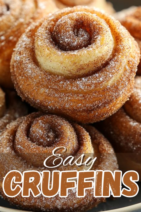 Easy Dessert Recipes to Impress:  Easy Cruffins What To Make With Crossiants, Easy Cruffins Recipe, Cinnamon Roll Cruffins, Recipes Using Croissant Dough, Breakfast Croissant Recipes, Cinnamon Cruffins Recipe, Crossant Recipes Dessert, Crossiant Dessert Ideas, Cronuts Recipe Easy Crescent Rolls