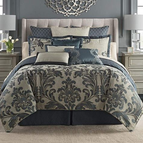 Waterford Everett Reversible Comforter Set#affiliatelink Comforter Ideas, Waterford Bedding, Bedroom Comforter Sets, Bedding Master, Black Bed Linen, Grey Linen Bedding, Designer Bedding Sets, Reversible Comforter, King Comforter Sets