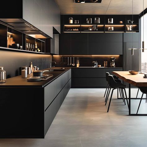 modern_black_kitchen 24 Small Kitchen And Dining Room Ideas, Dark Luxury House, Timeless Kitchen Design, Dark Interior Design, Modern Black Kitchen, Dark Luxury, Industrial Kitchen Design, Neutral Kitchen, Timeless Kitchen