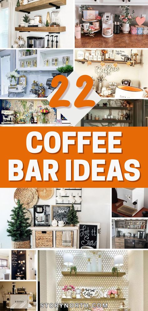 Save this pin for trendy coffee bar inspirations to upgrade your morning routine at home. Elevate your space with these creative ideas and start your day with style! #HomeDecor #CoffeeBar #MorningRoutine Coffee Bar Beside Refrigerator, Coffee Bar Shelf Decor Ideas, Coffee Bar Set Up In Kitchen, Lamp For Coffee Bar, Coffee Bar Cabinet Diy, Am Pm Bar Ideas, Coffee Bar With Butcher Block Top, Home Liquor Bar Ideas, Rv Coffee Bar Ideas