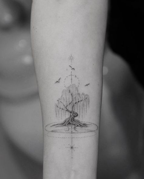 Willow Tree Tattoo Forearm, Elegant Tree Tattoo, Weeping Tree Tattoo, Minimalist Willow Tree Tattoo, Willow Tree Tattoo Designs, Weeping Willow Tattoo Simple, Weeping Willow Tree Tattoo Meaning, Weeping Willow Back Tattoo, Simple Willow Tree Tattoo