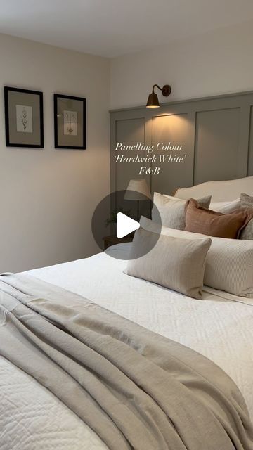 Beth Aspinall on Instagram: "Evening! Bedrooms colours..
A question, I’m frequently asked! So here are the wall & panelling colours of this bedroom!😊
Walls @lauraashleyuk ‘Ivory’
Panelling @farrowandball ‘Hardwick White’.
Save for inspiration 😊
Happy Thursday xx

Prints @themuseehome 
Lighting @jimlawrencemade 
Bedding @neptunehomeofficial 

#bedroom #colour #paint #walls #decorideas #decor #homedecorideas #homedetails #homedecorating #homedecorinspo #neutral #neutralshades #neutraltones #inspohome #inspo #viralreel #viralposts #designdeinteriores #designideas #designinterior #instareels #home #decorationideas #feature #interiorforyou #interiør #interiordecorating" Hardwick White Bedroom, Bedroom Panelling Colour Ideas, Panelling Walls Bedroom, Bedroom Panelling Wall Ideas, Bedroom Paneling Ideas, Panelling In Bedroom, Panelling Colours, Bedroom Panelling Wall, Wall Paneling Ideas Bedroom