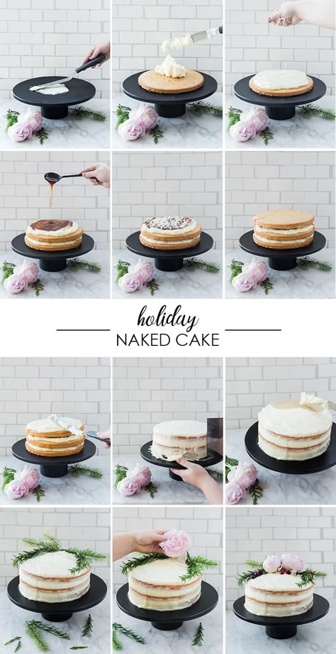 DIY Holiday Naked Cake | recipe and how on Craft & Cocktails (Craftandcocktails.co) How To Make A Naked Cake, Naked Cake Decoration, Naked Cake Decorating Ideas, Diy Naked Cake, Naked Cakes Birthday, Half Naked Cake, Naked Cake Birthday, Naked Cake Ideas, Naked Birthday Cake