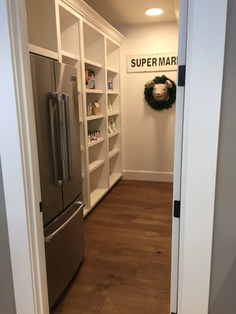 Walk In Pantry Storage, Refrigerator In Pantry, Walk In Pantry Ideas Layout, Open Farmhouse, Small Walk In Pantry, Narrow Pantry, Walk In Pantry Ideas, Open Pantry, Pantry Layout