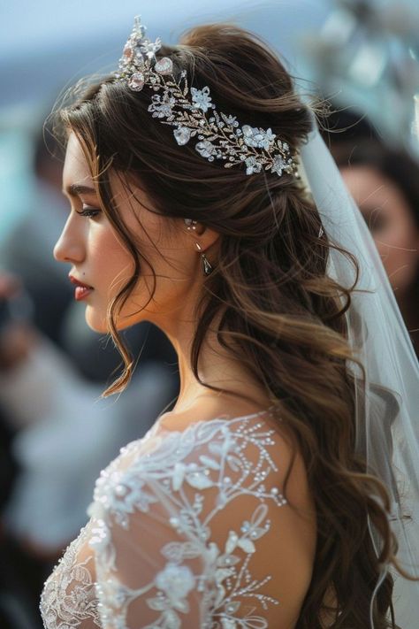 Wedding Hairstyle Tiara, Wedding Princess Hair, Tiaras For Weddings, Wedding Bridal Hair With Veil, Bride Hairstyles Tiara, Half Up Half Down Wedding Hair With Veil And Tiara, Half Up Half Down Wedding Hair With A Tiara, Wedding Hair Styles With Vail, Princess Hair With Tiara