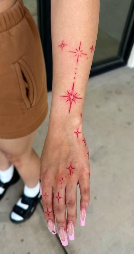 Tattoos With Black And Red Ink, Red Hand Tattoo Black Women, Mini Red Tattoos For Women, White Hand Tattoos For Women, Red And Black Tattoo Ideas For Men, Cute Tattoos On Black Women, Red Upper Arm Tattoo, Name Tattoos Red Ink, Red Tattoo Sleeve For Women