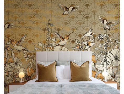 Nature-Inspired Murals ✔️ Walls Republic US – Page 14 1920s Wallpaper, Flowers Mural, Art Deco Color, Green Art Deco, Art Deco Bedroom, Art Deco Interior Design, Deco Bedroom, Art Deco Wallpaper, Beige Wallpaper