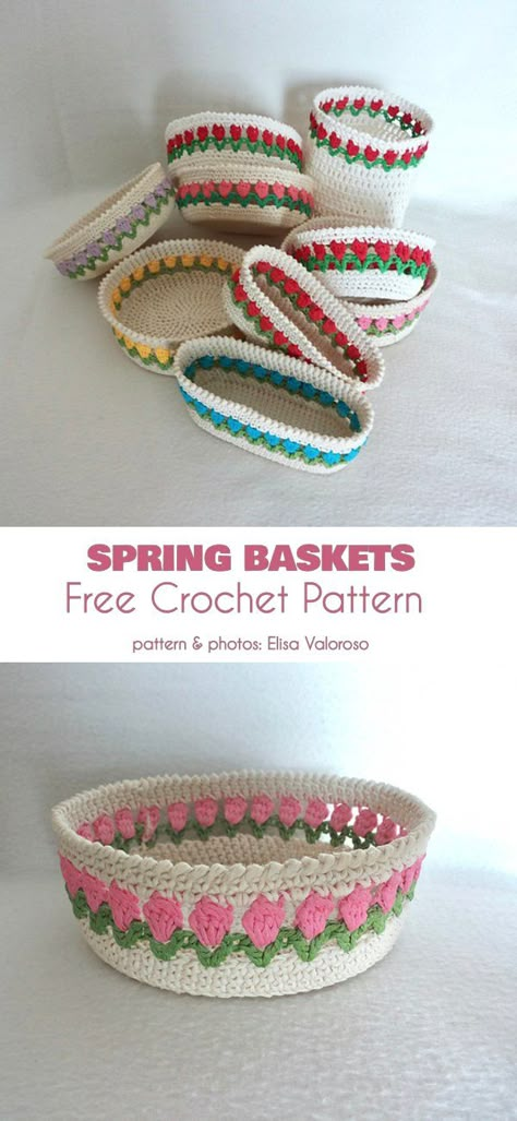 Spring Basket Free Crochet Pattern #crocheteaster #crochetbasketpattern Crochet Easter Basket Free Pattern, Crochet Storage Baskets Free, Crochet Easter Basket Pattern, Spring Baskets, Easter Basket Pattern, Crocheted Baskets, Crochet Easter Basket, Tote Crochet, Crochet Storage Baskets