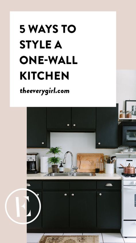 Small Single Wall Kitchen, Long Kitchen Layout One Wall, Single Wall Kitchen Layout With Island, Kitchen With No Window, Kitchen Without Window, Kitchen No Window, One Wall Kitchen With Island, Kitchen Without Island, Single Wall Kitchen Layout