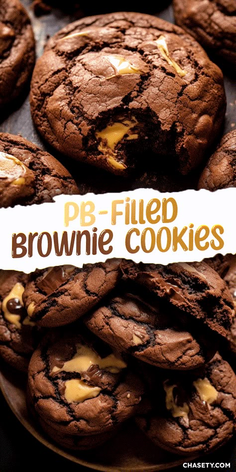 Peanut Butter Filled Brownie Cookies [30 Minutes] - Chasety Peanut Butter Filled Chocolate Cookies, Brownie Cookies With Peanut Butter, Chocolate Peanut Butter Treats, Peanut Butter Filled Brownies, Peanut Butter Brookies Easy, Peanut Butter Stuffed Brookies, Chocolate Peanut Butter Stuffed Cookies, Choc Peanut Butter Cookies, Brownie Peanut Butter Cookies