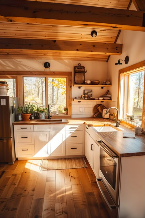 Small Cabin Inspiration, Studio Cottage Interior, Tiny Cabin Interiors Small Cottages, Homestead Compound, Small Cottage Homes Interior, Cabin Interiors Kitchen, Small Home Aesthetic, Small Cottage Kitchen Ideas, Cottage Homes Interior