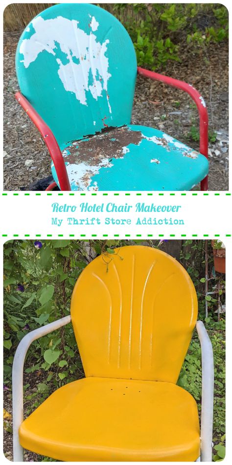 How to makeover retro metal lawn chairs Painted Metal Chairs Ideas, Metal Lawn Chair Makeover, Retro Chair Makeover, Remove Paint From Metal, Patio Chairs Makeover, Old Metal Chairs, Painted Metal Chairs, Painted Garden Furniture, Metal Lawn Chairs