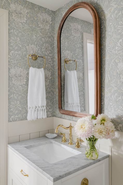 Powder Room Reveal || Reihman Road Half Wallpaper Bathroom Ideas, Guest Bathroom With Wallpaper, Traditional Half Bath, Cottage Bathroom Wallpaper, Colorful Guest Bathroom, Spare Bathroom Ideas, Aesthetic White Bathroom, Half Bath With Wallpaper, Powder Room Ideas Wallpaper