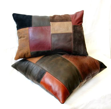 Upcycled Leather Patchwork Pillows - Made from Leather Coats, Garments, and Leftover Upholstery Samples - Handmade by Uptown Redesigns (www.uptownredesigns.com) Patchwork Pillows, Leather Pillows, Leather Cushions, Leather Scrap, Upcycled Bag, Bantal Sofa, Upcycled Leather, Leather Scraps, Leather Coats