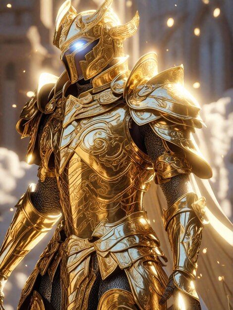 Photo a knight in a shiny golden armor | Premium Photo #Freepik #photo Sun Armor Fantasy Art, Gold Fantasy Armor, Golden Knight Fantasy Art, Heavenly Armor, Golden Armor Fantasy Art, Armor Rpg, Aesthetic Armor, Yellow Knight, Celestial Door