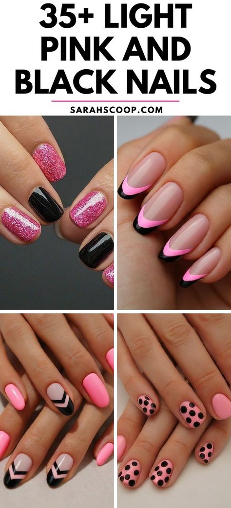 Experience elegance with these beautiful nail art designs that perfectly combine the softness of light pink with the boldness of black. #NailArt #PinkAndBlackNails Pink And Black Summer Nails, Pink Polka Dot Nail Designs, Black And Pink Simple Nails, White Black And Pink Nails, Nail Ideas Simple Pink, Hot Pink And Black Nail Designs, Black With Pink Nails, Nails Acrylic Pink And Black, Pink And Black Coffin Nails