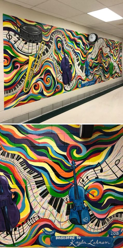 Music Mural by Nora Kate Paints at Bell-Graham Elementary School Music Wall Murals Painted, Musical Mural Ideas, Music Mural Ideas, Music Room Mural, Music Mural Art, Music Room Decorations School, Music Murals Ideas Wall Art, Art Room Mural Ideas, School Music Room Design