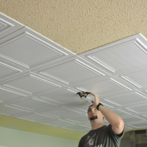 Accent Flooring, Covering Popcorn Ceiling, Popcorn Ceiling, Casa Vintage, Ceiling Ideas, Ceiling Tiles, Remodel Bedroom, Home Repairs, Basement Remodeling