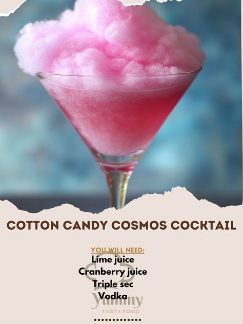 🍹✨ Sip on sweetness with our Cotton Candy Cosmos Cocktail! A fun and colorful twist on a classic favorite! 🌟💖 #CottonCandyCocktail #CosmosTwist Cotton Candy Cosmos Cocktail Ingredients: Vodka (2 oz) Triple sec (1 oz) Cranberry juice (1 oz) Lime juice (1/2 oz) Cotton candy (for garnish) Ice Instructions: In a cocktail shaker, combine vodka, triple sec, cranberry juice, and lime juice with ice. Shake well and strain into a martini glass. Garnish with a cloud of cotton candy on top. 🍹✨ Enjoy... Sprite And Cotton Candy Drink, Cocktail With Cotton Candy On Top, Cotton Candy Cosmo, Cotton Candy Alcoholic Drink, Drinks With Cotton Candy, Cosmos Cocktail, Cosmic Cocktails, Alcoholic Milkshake, Cotton Candy Drinks