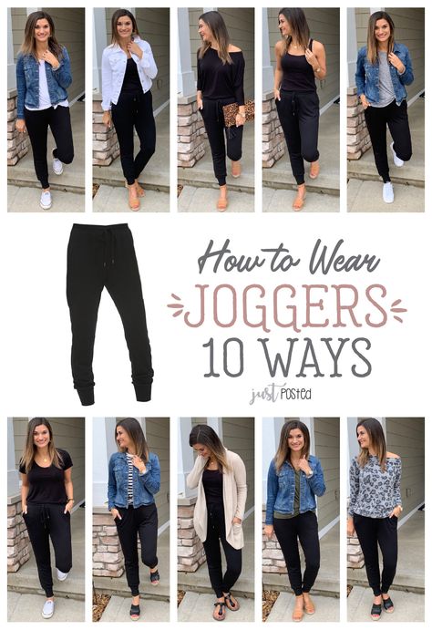 How to wear and style joggers 10 different ways! Love the idea of being comfortable and cute at the same time? These joggers are a great weight and perfect for spring. These are a great pair for any wardrobe and would be perfect for a capsule wardrobe too. How To Wear Joggers, Mode Ab 50, Jogger Outfit, Mode Tips, Joggers Outfit, Cooler Look, Teacher Outfits, Athleisure Outfits, Black Joggers