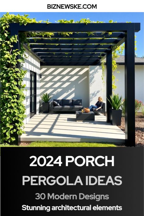 modern pergola designs for front porches Pergola Attached To Fence, Front Pergola Porch, Modern Pergola Ideas Wood, Pergola Modern Design, Modern Patio Cover, Steel Pergola Attached To House, Porch Pergola, Modern Pergola Attached To House, Black Modern Pergola