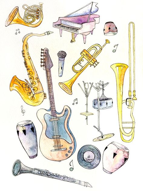 Jazz Music Aesthetic, Music Aesthetic Drawing, Jazz Illustration, Jazz Music Art, Surrealism Fashion, Musical Instruments Drawing, Music Drawing, Jazz Instruments, Object Reference