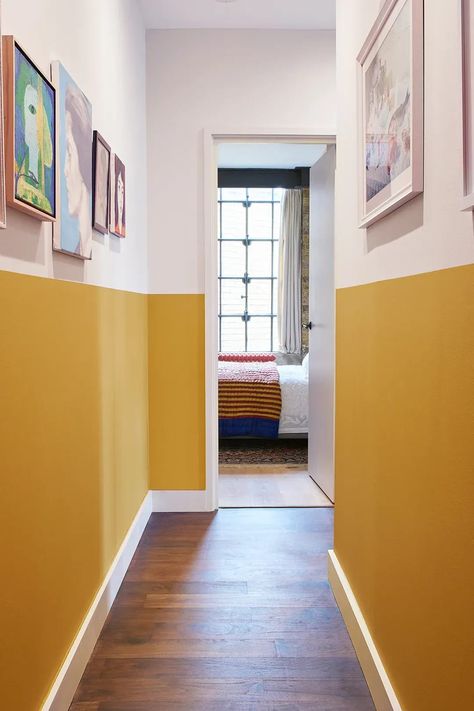 Hallway Accent Wall Ideas Paint, Bachelor Pad Style, Yellow Hallway, Accent Paint, Half Painted Walls, Bungalow Ideas, Hallway Paint, Bed Nook, Hobby House