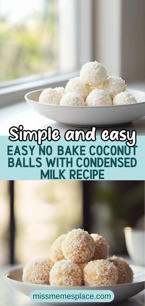 Discover the ultimate sweet treat with this Easy No-Bake Coconut Balls with Condensed Milk recipe. Perfect for any occasion, these coconut delights are made with just a handful of ingredients including shredded coconut and sweetened condensed milk. In less than an hour, you can create mouthwatering coconut balls that are sure to impress. Whether served at a party or enjoyed as a quick snack, this no-bake dessert is a crowd-pleaser that will satisfy your sweet cravings! Dessert With Shredded Coconut, Sweetened Condensed Milk Coconut Balls, Sweet Coconut Recipes, Dates And Coconut Recipes, Easy Recipes With Coconut Milk, Vegan Recipes Using Sweetened Condensed Coconut Milk, Condensed Coconut Milk Recipes Desserts, No Bake Sweetened Condensed Milk Recipes, Coconut Sweets Recipes