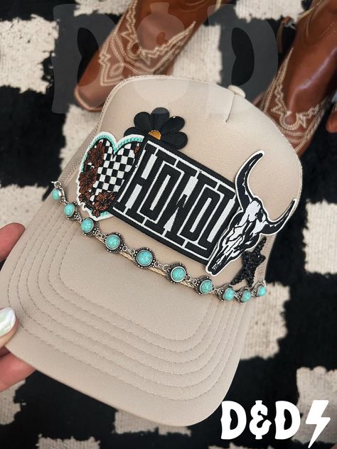 This custom made trucker patch hat is perfect for any occasion whether it be for spring/summer time, a lake hat, a gift for someone, or just a cute accessory to add a little spice to your outfit 🧢✨ DETAILS-  * This hat is one size with an adjustable SnapBack that is adjustable from 20in. - 23.5in. * The color of this hat is Tan * The material of the hat is polyester with iron on patches  REFUNDS AND CANCELLATIONS- Every hat is handmade by me as a result, a slight variation can occur from the pi Trucker Hat Bar Vendor Set Up, Hat Patch Bar, Hat Patches Ideas, Trucker Hat Patch Design, Patch Hats Baseball Caps, Trucker Patch Hat Ideas, Football Trucker Hat Ideas, Cowgirl Trucker Hat, Western Trucker Hats With Patches