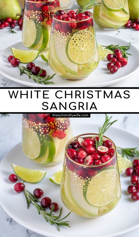 The perfect holiday cocktail, White Christmas Sangria. This wintery white wine sangria is full of pears, limes, and cranberries then topped off with ginger beer. Great for serving at a holiday party! White Christmas Sangria, Christmas Sangria, Winter Sangria, Christmas Sangria White, White Christmas Sangria Recipe Holiday White Wine Sangria, Christmas Wine Night Ideas, Dessert Ideas Christmas Party, New Years Eve Sangria, Sangria Charcuterie Board, Nye Sangria, Christmas Wine Cocktail Recipes, Winter White Wine Sangria, Cocktails With White Wine