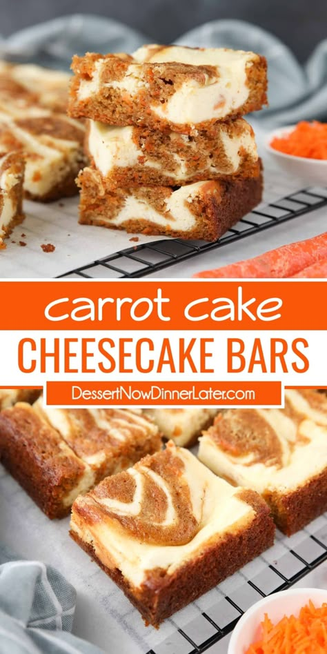 Carrot Cake Cheesecake Bars combine a simple spiced carrot cake with a creamy vanilla cheesecake. The two batters are swirled together to make the most delicious and beautiful marbled carrot cake blondies. Carrot Cake Cheesecake Bars, Carrot Cake Bars Recipe, Spiced Carrot Cake, Carrot Desserts, Cake Bars Recipe, Carrot Cake Bars, Bars Dessert, Carrot Spice Cake, Carrot Cake Cheesecake