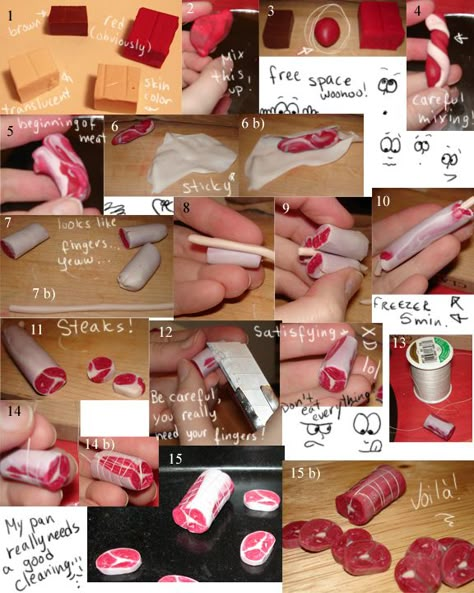 How to make meat with Sculpey by kayanah Crea Fimo, Miniature Food Tutorials, Diy Fimo, Food Tutorials, Barbie Food, Polymer Clay Food, Miniature Foods, Dollhouse Miniature Tutorials, Dollhouse Miniatures Diy